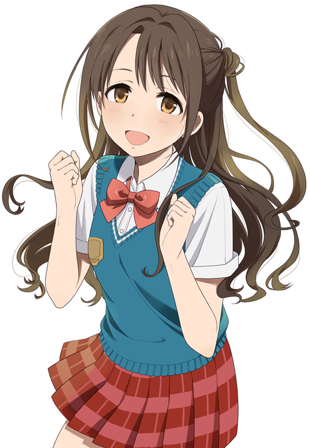 1girl :d brown_eyes brown_hair clenched_hands idolmaster idolmaster_cinderella_girls long_hair looking_at_viewer mattaku_mousuke open_mouth pleated_skirt school_uniform shimamura_uzuki side_ponytail simple_background skirt smile solo sweater_vest white_background