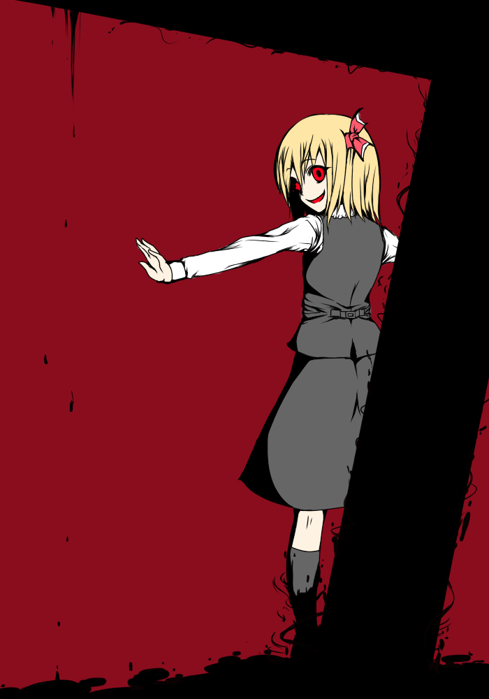 1girl back blonde_hair cross flat_color hair_ribbon horror looking_at_viewer looking_back open_mouth outstretched_arms red_eyes ribbon rumia solo tama_go touhou
