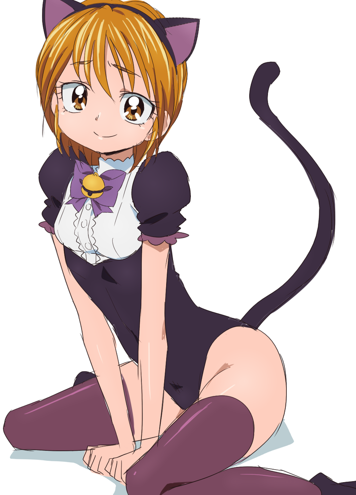 1girl all_fours animal_ears bell brown_eyes brown_hair cat_ears cat_tail fake_animal_ears futari_wa_precure looking_at_viewer manji_(tenketsu) misumi_nagisa precure purple_legwear short_hair simple_background sitting sketch smile solo tail thigh-highs wariza white_background