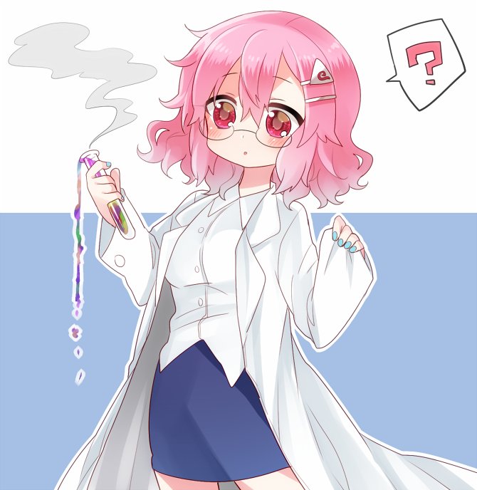 1girl :o ? alternate_costume bespectacled blue_nails blue_skirt chemicals coat commentary_request contemporary cowboy_shot dress_shirt glasses hair_ornament kasuura_(cacula) labcoat long_sleeves miniskirt nail_polish open_clothes open_coat pencil_skirt pink_eyes pink_hair rimless_glasses saigyouji_yuyuko shirt short_hair skirt smoke solo spoken_question_mark test_tube touhou white_shirt wide_sleeves