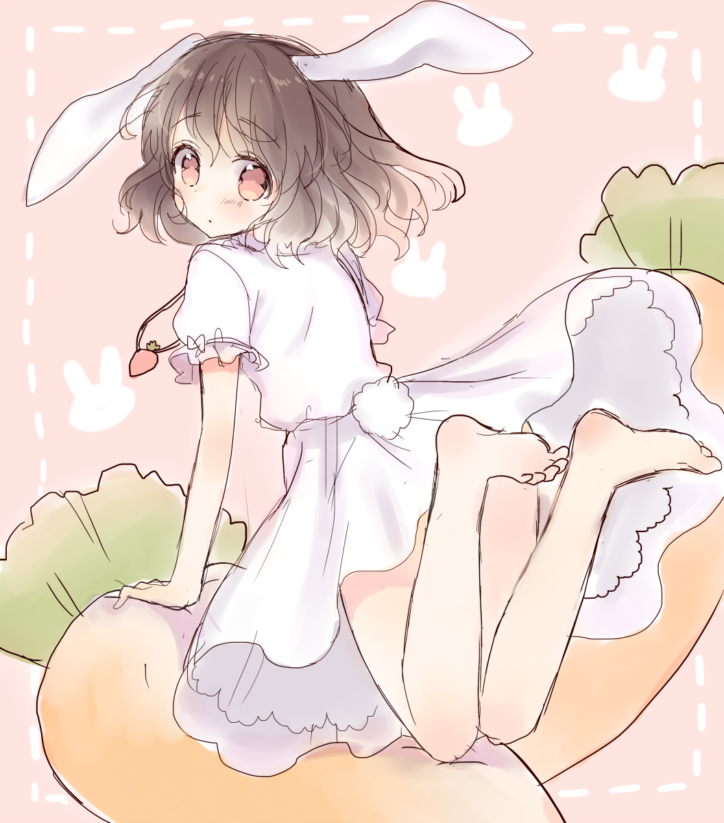 1girl animal_ears brown_hair bunny_tail carrot frills highres inaba_tewi jewelry legs_up looking_back mugicha0929 pendant puffy_sleeves rabbit_ears red_eyes short_hair sketch solo tail touhou