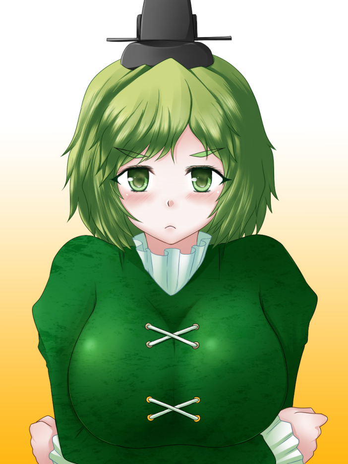 1girl :&lt; breasts closed_mouth crossed_arms eyebrows eyebrows_visible_through_hair gradient gradient_background green_eyes green_hair hat large_breasts short_hair soga_no_tojiko solo tama_go tate_eboshi touhou