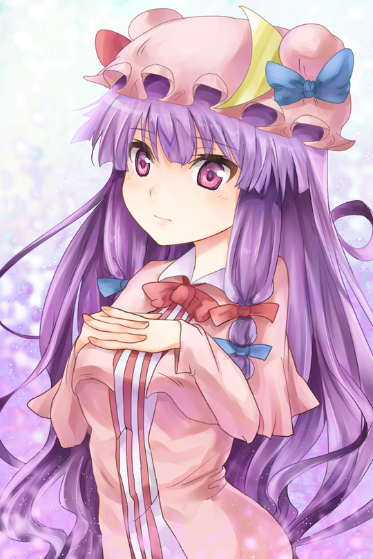 1girl bow hair_ribbon hands_on_own_chest hat hat_ribbon interlocked_fingers long_hair mamepon patchouli_knowledge pink_bow purple_hair ribbon solo touhou violet_eyes