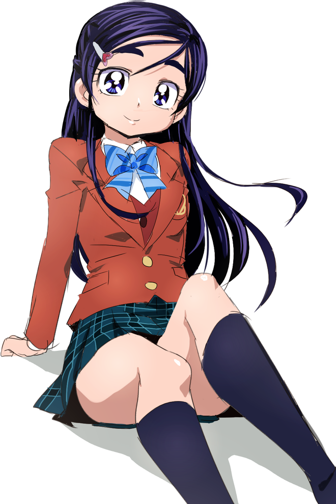 1girl blue_eyes futari_wa_precure green_skirt hair_ornament hairclip long_hair looking_at_viewer manji_(tenketsu) plaid plaid_skirt precure purple_hair school_uniform simple_background sitting sketch skirt smile socks solo white_background yukishiro_honoka