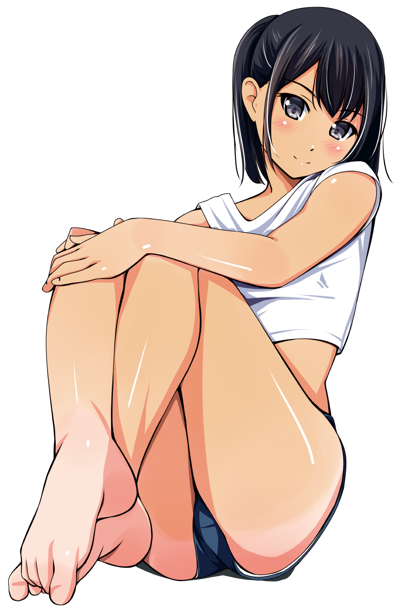 1girl bare_arms bare_legs bare_shoulders barefoot black_hair blue_shorts blush closed_mouth crossed_ankles foreshortening full_body grey_eyes hands_on_own_knees head_tilt highres looking_at_viewer matsunaga_kouyou off_shoulder original ponytail shiny shiny_skin shirt short_hair shorts simple_background sitting sleeveless smile tan tank_top tanline toe_scrunch white_background white_shirt