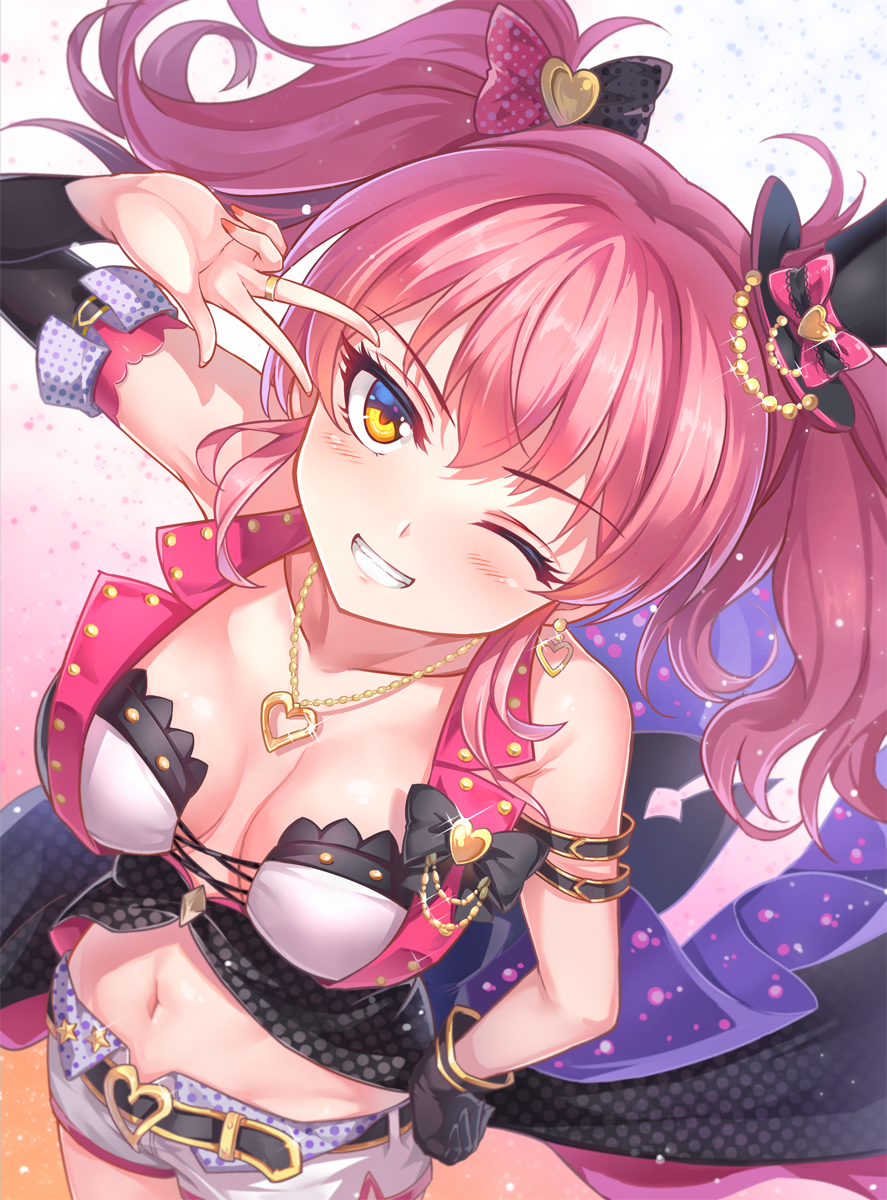 1girl black_gloves blurry breasts cleavage depth_of_field gloves hat highres idolmaster idolmaster_cinderella_girls idolmaster_cinderella_girls_starlight_stage jewelry jougasaki_mika long_hair looking_up miazi mini_hat navel necklace one_eye_closed pink_hair smile solo top_hat twintails yellow_eyes