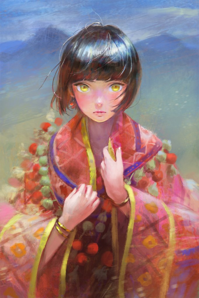 1girl arata_yokoyama bangs blue_sky blunt_bangs bracelet brown_hair day earrings hands_on_own_chest jewelry lips long_sleeves looking_at_viewer original pink_clothes pink_lips pom_pom_(clothes) robe shawl short_hair sketch sky upper_body wide_sleeves yellow_eyes