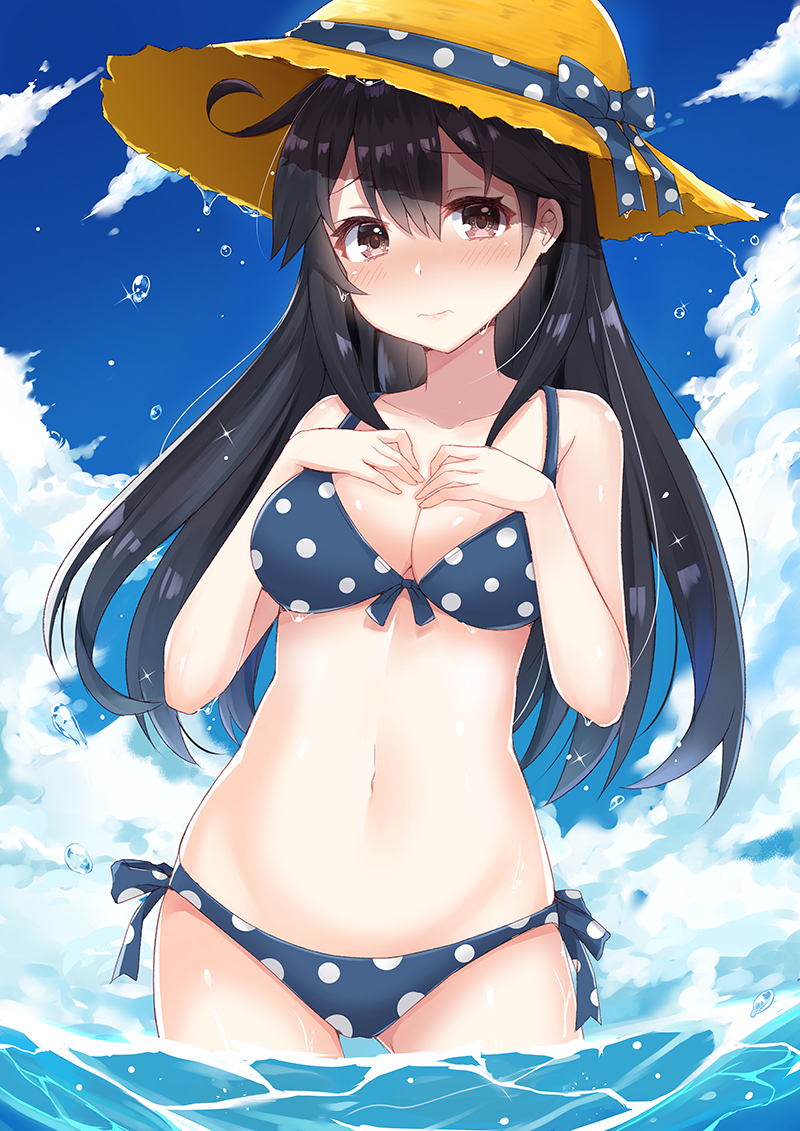 1girl 3: adapted_costume bikini black_hair blush bow breast_suppress breasts cleavage clouds cloudy_sky coffeedog dripping front-tie_top hands_on_own_chest hat hat_bow hat_ribbon kantai_collection long_hair navel polka_dot polka_dot_bikini polka_dot_bow polka_dot_ribbon ribbon shiny shiny_skin side-tie_bikini sky solo straw_hat swimsuit ushio_(kantai_collection) wading water wavy_mouth