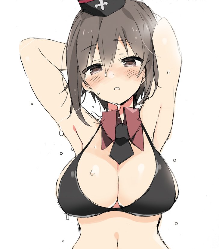 1girl araki_kanao armpits arms_up bikini_top black_bikini_top blush breasts brown_eyes brown_hair cleavage detached_collar dripping garrison_cap girls_und_panzer hat large_breasts looking_at_viewer nishizumi_maho parted_lips short_hair short_necktie solo sweat sweating upper_body