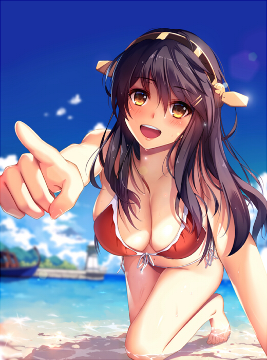 1girl :d all_fours alternate_costume arm_support bare_arms bare_legs bare_shoulders barefoot bikini black_hair blue_sky blurry blush boat breasts brown_eyes building cleavage clouds collarbone day depth_of_field eyebrows eyebrows_visible_through_hair foreshortening front-tie_bikini front-tie_top hair_between_eyes hairband hanging_breasts haruna_(kantai_collection) head_tilt headgear horizon kantai_collection large_breasts lens_flare lighthouse liu_guniang long_hair looking_at_viewer ocean open_mouth outdoors partially_submerged pointing pointing_forward red_bikini ribbon round_teeth side-tie_bikini sky smile soaking_feet solo summer sunlight swimsuit teeth water watercraft wet wet_hair white_ribbon