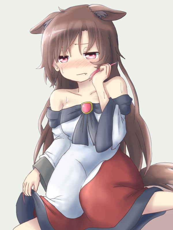 1girl animal_ears bare_shoulders blush breasts brown_hair collarbone commentary_request dadamori dress dress_lift extra_ears fingernails hot imaizumi_kagerou long_fingernails long_hair long_sleeves medium_breasts nose_blush off_shoulder red_eyes sweat tail touhou wolf_ears wolf_tail