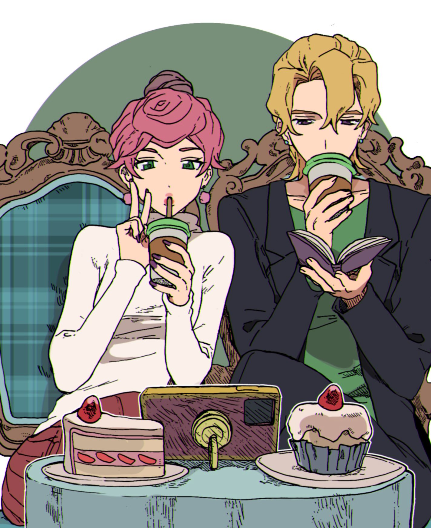 1boy 1girl bangs blonde_hair book cake caro_bambino cellphone couch crossed_legs cup cupcake disposable_cup drink drinking drinking_straw drinking_straw_in_mouth earrings food fruit green_eyes hair_bun highres holding holding_book holding_cup holding_drink jacket jewelry jojo_no_kimyou_na_bouken lipstick long_sleeves looking_at_another looking_down makeup nail_polish pannacotta_fugo parted_bangs phone phone_stand pink_hair plate pleated_skirt selfie sitting skirt smartphone strawberry strawberry_shortcake sweater table tablecloth trish_una turtleneck turtleneck_sweater v vento_aureo violet_eyes