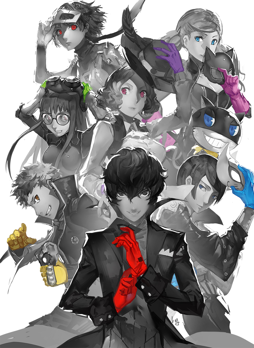 3boys 4girls black_hair blue_eyes blue_gloves bodysuit breasts cat cleavage commentary_request fox_mask glasses gloves goggles goggles_on_head green_gloves hat highres kitagawa_yuusuke kurusu_akira long_hair looking_at_viewer mascot mask monochrome morgana_(persona_5) multiple_boys multiple_girls nanaya_(daaijianglin) niijima_makoto okumura_haru persona persona_5 pink_gloves protagonist_(persona_5) purple_gloves red_eyes red_gloves sakamoto_ryuuji sakura_futaba short_hair simple_background smile spot_color takamaki_ann twintails violet_eyes white_background yellow_gloves