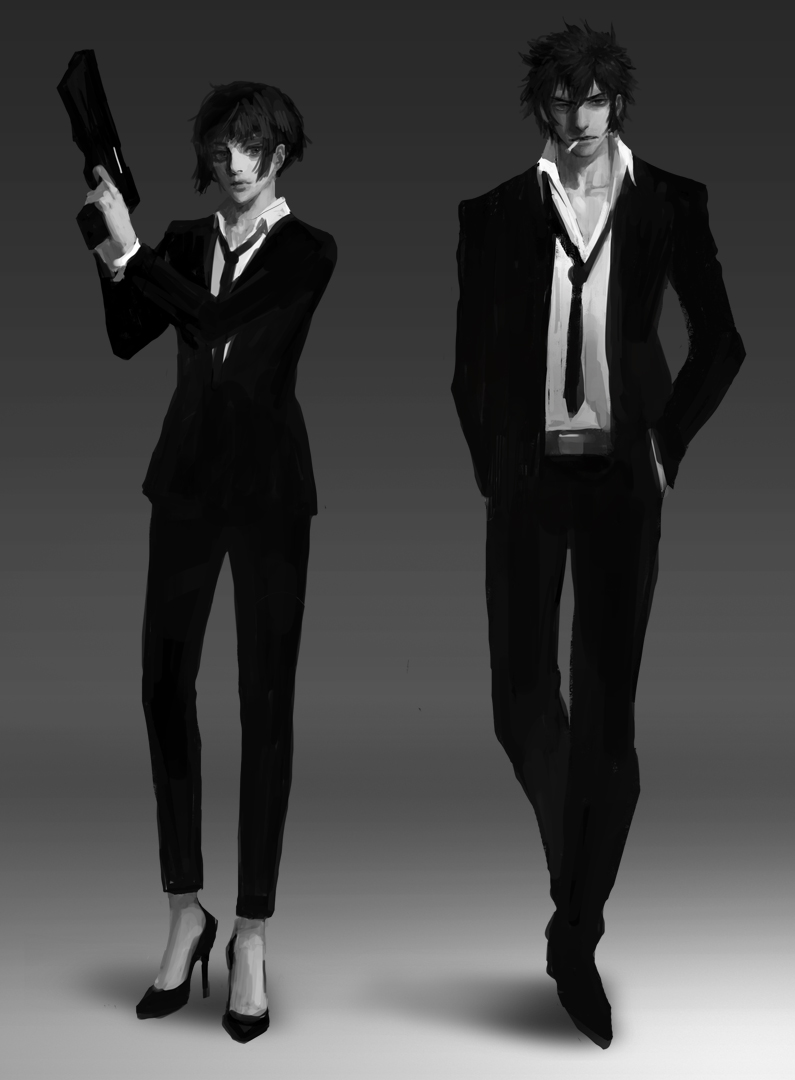 1boy 1girl black_hair diaodiao dominator_(gun) formal greyscale gun kougami_shin'ya monochrome necktie psycho-pass realistic short_hair suit tsunemori_akane weapon