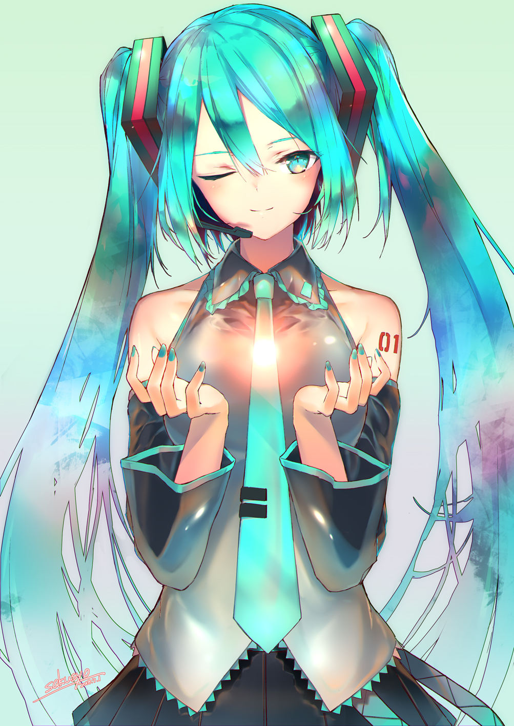1girl ;) aqua_eyes aqua_hair aqua_nails aqua_neckwear artist_name bare_shoulders blue_skirt breasts commentary_request cowboy_shot dated detached_sleeves gradient gradient_background green_background grey_background grey_vest hair_between_eyes hands_up hatsune_miku headset highres long_hair looking_at_viewer medium_breasts miniskirt nail_polish necktie one_eye_closed pleated_skirt sakusyo signature skirt smile solo standing tattoo twintails very_long_hair vest vocaloid wing_collar