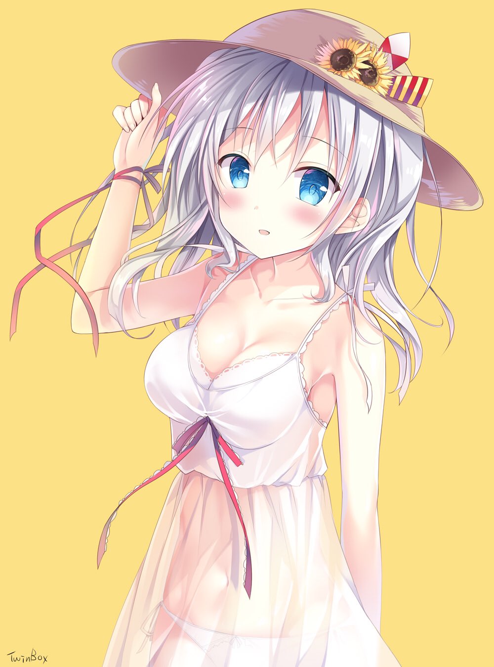 1girl :d bare_shoulders blue_eyes blush bra breasts cleavage commentary_request dress flower hand_on_headwear hat hat_ribbon highres kantai_collection kashima_(kantai_collection) large_breasts long_hair navel open_mouth panties ribbon see-through side-tie_panties sidelocks silver_hair smile solo sousouman straw_hat sun_hat sunflower tsurime twintails underwear wavy_hair white_bra white_dress white_panties wrist_ribbon