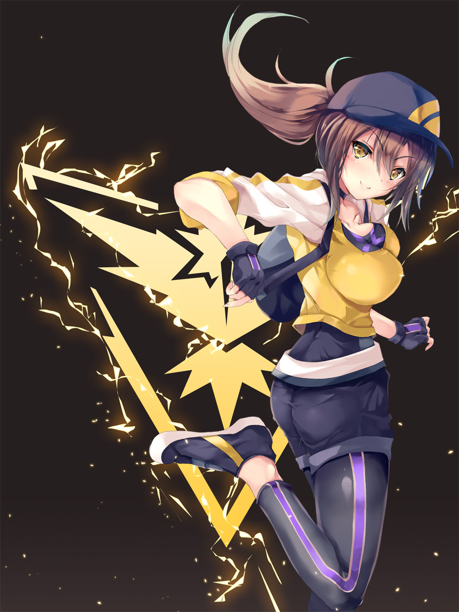 1girl ass backpack bag baseball_cap belt black_legwear blush bouncing_breasts breasts brown_eyes brown_hair choker cropped_jacket electricity female_protagonist_(pokemon_go) fingerless_gloves gloves hat highres hinot large_breasts leg_up leggings long_hair looking_at_viewer nintendo pokemon pokemon_go ponytail shoes skin_tight smile sneakers solo team_instinct zapdos