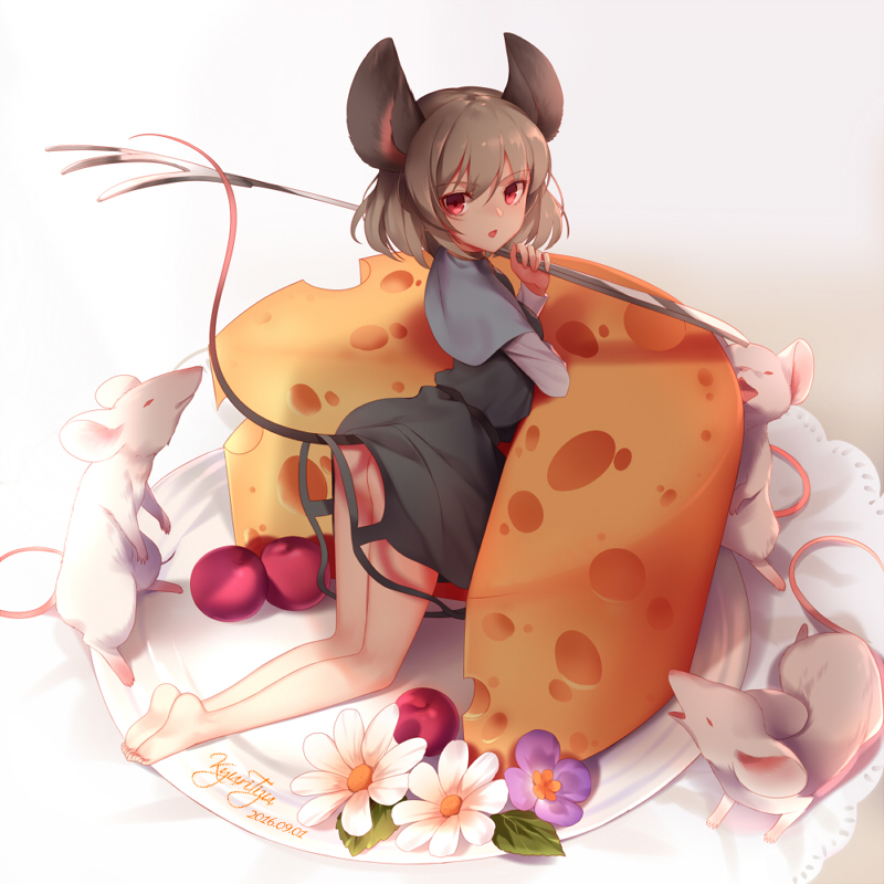 1girl animal_ears ass bare_legs barefoot black_dress capelet cheese dress from_behind grey_hair jewelry kneeling kyuri_(405966795) looking_at_viewer minigirl mouse mouse_ears mouse_tail nazrin open_mouth pendant red_eyes serious short_dress tail thighs touhou