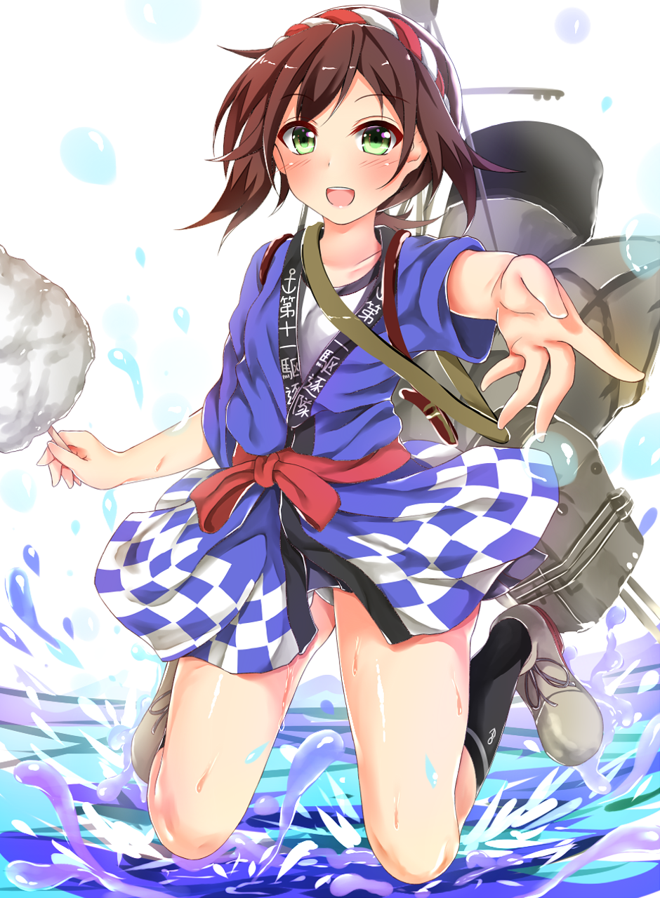 1girl anchor_symbol backpack bag black_legwear blush bow brown_hair clothes_writing collarbone cotton_candy eyebrows eyebrows_visible_through_hair food foreshortening fubuki_(kantai_collection) full_body green_eyes grey_shoes hachimaki hairband happi headband highres holding holding_food japanese_clothes jumping kantai_collection kneehighs looking_at_viewer machinery nejiri_hachimaki ocean open_mouth outstretched_arm over_shoulder panties pantyshot pikatchi red_bow robe round_teeth shoes short_hair solo splashing sweets tareme teeth underwear water water_drop white_panties