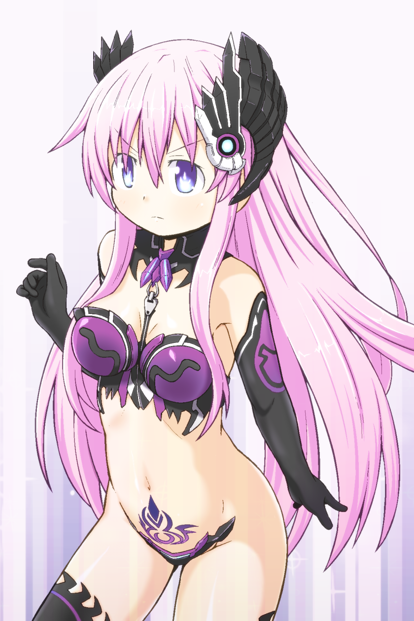 1girl bare_shoulders blue_eyes blush breasts elbow_gloves gloves hair_ornament highres long_hair navel nepgear neptune_(series) open_mouth pink_hair purple_hair purple_sister purple_sister_(chaos_transformation) symbol-shaped_pupils tattoo zipper