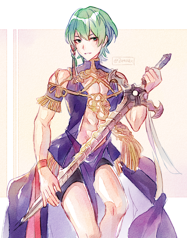 1boy abs braid byleth_(fire_emblem) byleth_eisner_(male) cleavage_cutout cosplay dress fire_emblem fire_emblem:_three_houses green_eyes green_hair hair_ornament hair_ribbon holding holding_weapon male_focus ribbon ribbon_braid side_braid simple_background solo sothis_(fire_emblem) sothis_(fire_emblem)_(cosplay) sword traditional_media twitter_username watercolor_(medium) weapon xin_(24914)