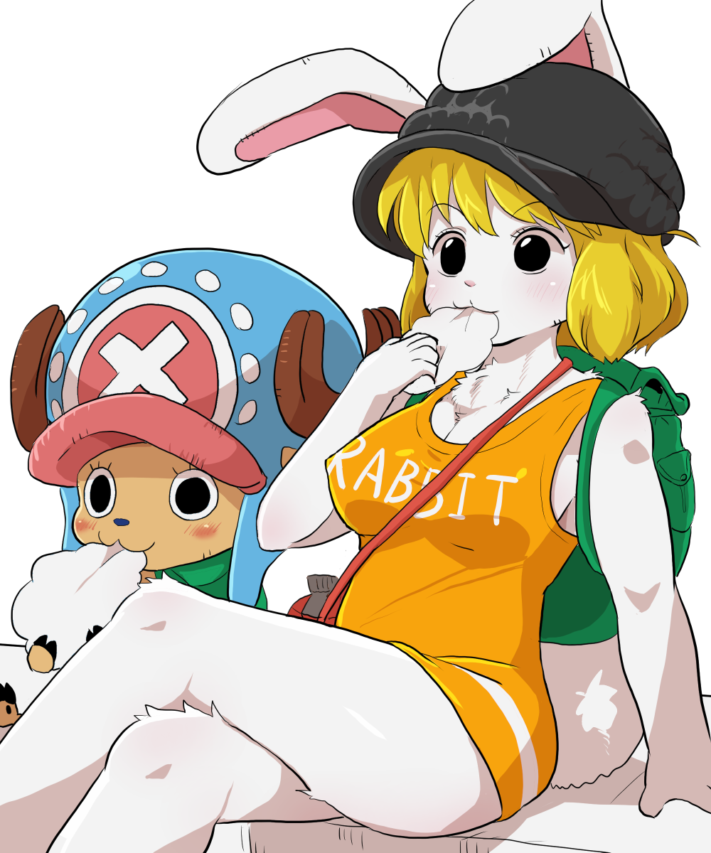 1boy 1girl animal_ears antlers backpack bag blonde_hair blush breasts bunny_tail carrot_(one_piece) cleavage clothes_writing cotton_candy dagashi_(daga2626) eating eyelashes furry hat highres one_piece rabbit_ears tail tony_tony_chopper