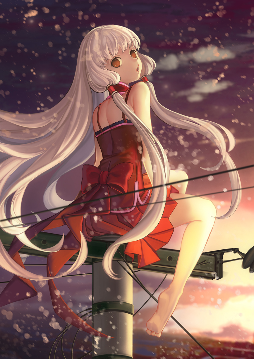 1girl air_(air_end) barefoot bow brown_eyes chii chobits from_behind full_body highres long_hair looking_at_viewer looking_back open_mouth outdoors power_lines red_bow red_skirt sidelocks sitting skirt solo sunset telephone_pole very_long_hair white_hair