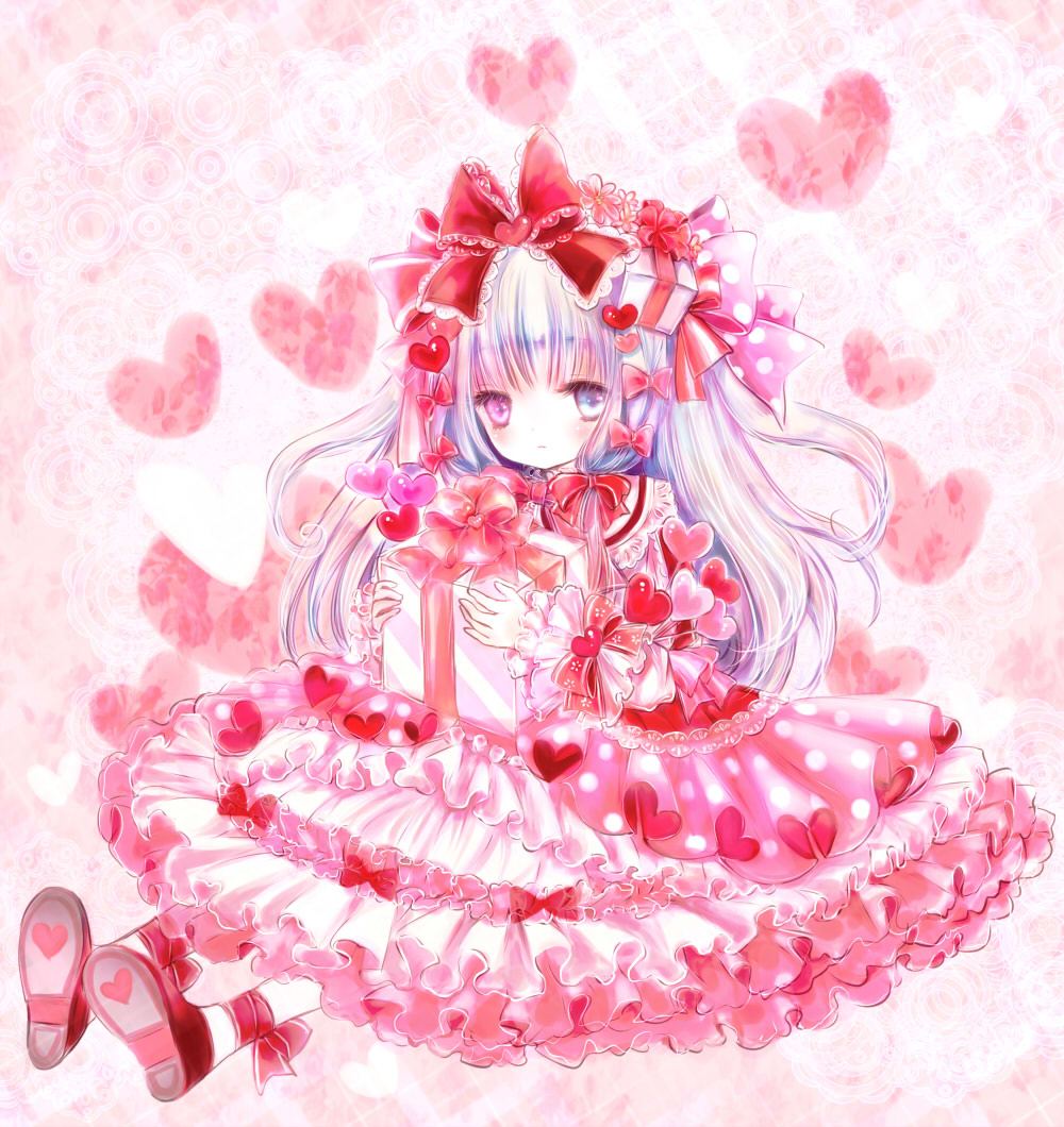 1girl :| ankle_ribbon blue_eyes blue_hair blush bow box commentary_request dress expressionless frills gift gift_box gift_box_hair_ornament hair_bow hair_ribbon heart heart_background heart_print heterochromia himemurasaki holding holding_gift lolita_fashion long_hair looking_at_viewer multicolored_hair original pink pink_eyes pink_hair pocketland polka_dot polka_dot_dress ribbon sitting solo sweet_lolita two_side_up