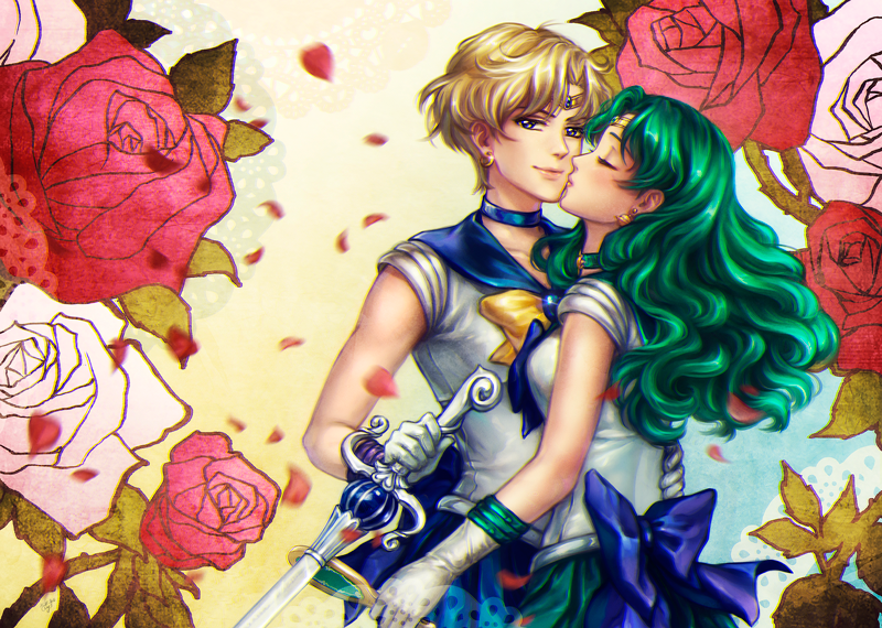 2girls bishoujo_senshi_sailor_moon blonde_hair blurry cheek_kiss choker circlet closed_eyes deep_aqua_mirror earrings elena_ivlyushkina flower gloves green_hair jewelry kaiou_michiru kiss multiple_girls outer_senshi petals ribbon rose rose_petals sailor_collar sailor_neptune sailor_senshi sailor_uranus short_hair smile space_sword ten'ou_haruka violet_eyes wavy_hair white_gloves yuri