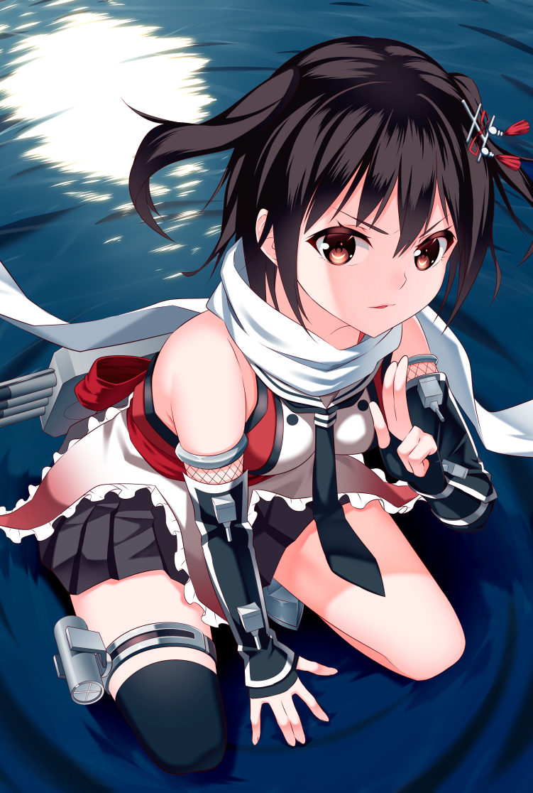 1girl arm_support bare_shoulders black_hair black_legwear black_skirt blush brown_eyes elbow_gloves fingerless_gloves fishnets full_moon gloves hair_ornament kantai_collection kuji-in looking_at_viewer moon neckerchief night ninja parted_lips reflection remodel_(kantai_collection) ripples scarf school_uniform sendai_(kantai_collection) serafuku short_hair single_thighhigh skirt solo squatting standing standing_on_liquid thigh-highs thigh_strap two_side_up white_scarf yasuto_(eria151)