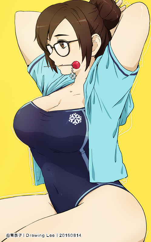 1girl 2016 adjusting_hair artist_name bangs beads black-framed_eyewear breasts brown_eyes brown_hair cleavage collarbone covered_navel dated glasses groin hair_ornament hand_in_hair large_breasts lee1210 legs mei_(overwatch) mouth_hold one-piece_swimsuit open_clothes open_shirt overwatch shirt short_sleeves sidelocks simple_background sitting snowflake_hair_ornament snowflake_print solo swimsuit swimsuit_under_clothes yellow_background