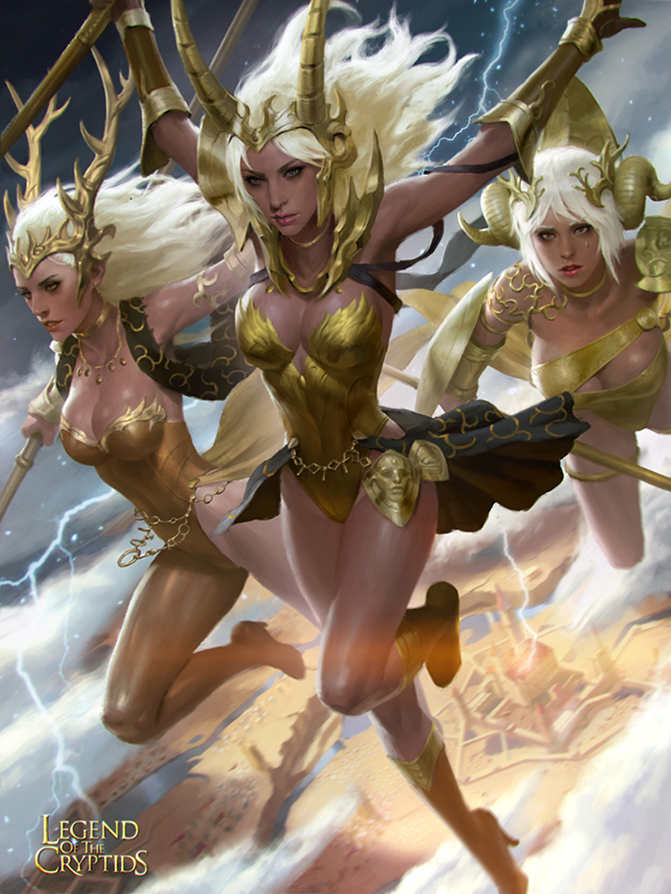 3girls antlers armor armored_dress blonde_hair boots breasts choker cleavage commentary eyeshadow facial_mark flying gauntlets goddess high_heel_boots high_heels horns jewelry kilart knee_boots legend_of_the_cryptids leotard lips lipstick long_hair makeup medium_breasts multiple_girls necklace nose pauldrons polearm realistic red_eyes shield showgirl_skirt spear vambraces weapon