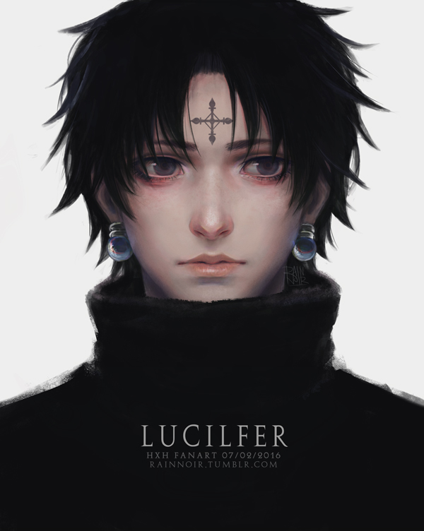 1boy artist_name black_hair chrollo_lucilfer dated earrings facial_mark forehead_mark hunter_x_hunter jewelry male_focus rainnoir realistic short_hair solo