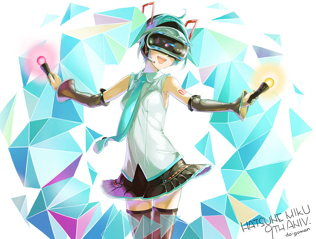 1girl :d anniversary aqua_hair artist_name character_name commentary_request daigoman detached_sleeves hatsune_miku necktie open_mouth outstretched_arms playstation_vr skirt smile solo spread_arms thigh-highs twintails virtual_reality vocaloid