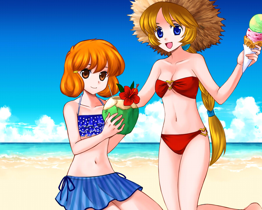 2girls 74 beach bikini blonde_hair blue_eyes braid breasts brown_eyes cleavage cousins fire_emblem fire_emblem:_seisen_no_keifu food hat ice_cream lana_(fire_emblem) long_hair multiple_girls navel ocean open_mouth orange_hair patty_(fire_emblem) short_hair side-tie_bikini skirt smile swimsuit