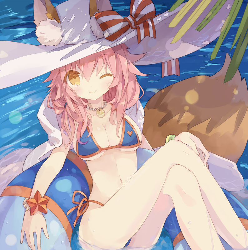 1girl alternate_costume animal_ears bare_legs bikini bow breasts caster_(fate/extra) cleavage closed_mouth commentary_request crossed_legs fate/grand_order fate_(series) fox_ears hair_between_eyes hat hat_bow jewelry large_breasts long_hair looking_at_viewer micro_bikini navel one_eye_closed phoenix0 pink_hair side-tie_bikini sitting smile solo striped striped_bow swimsuit white_hat wrist_cuffs yellow_eyes