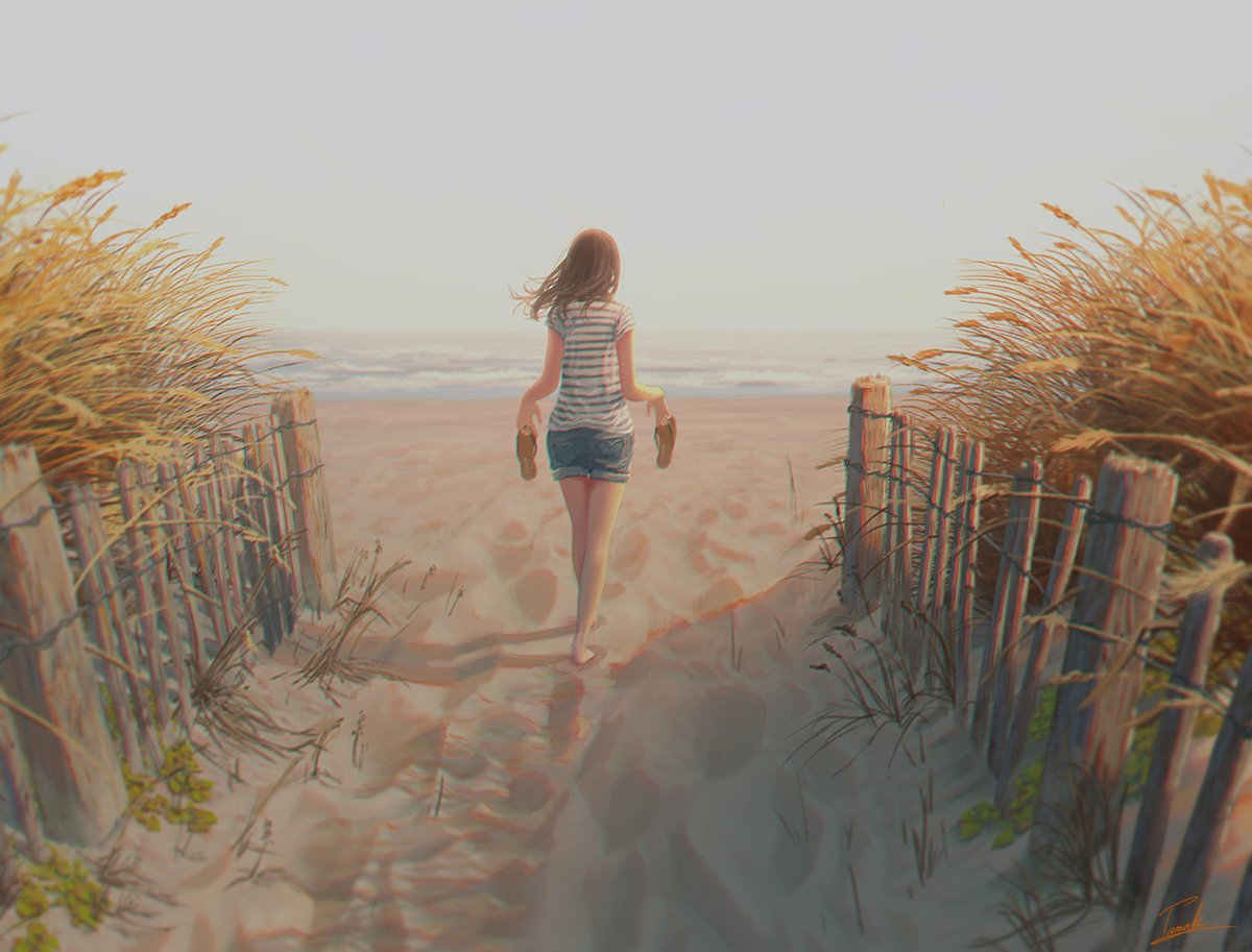 1girl artist_name barefoot beach brown_hair commentary denim denim_shorts fence footprints from_behind holding long_hair original outdoors plant sandals shirt shorts signature silhouette solo striped striped_shirt tamaki_(tamaki_illust) walking water wind wooden_fence