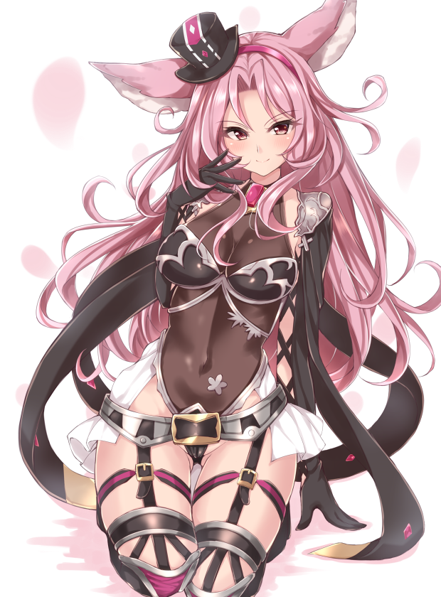 &gt;:) 1girl animal_ears arm_support ass_visible_through_thighs beltskirt black_gloves blush breasts catharine_(granblue_fantasy) closed_mouth commentary_request covered_navel elbow_gloves gloves granblue_fantasy highleg highleg_leotard jiino kneeling large_breasts leotard long_hair looking_at_viewer pauldrons petals pink_eyes pink_hair showgirl_skirt sidelocks skirt smile solo thigh_strap very_long_hair wavy_hair white_skirt