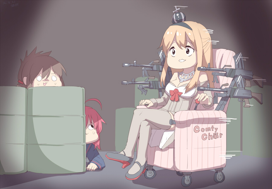 3girls ahoge armchair bangs black_eyes blonde_hair bren_lmg chair commentary_request crossed_legs dress drum_(container) flower globus_cruciger grey_legwear gun hair_between_eyes hairband hiding high_heels inazuma_(kantai_collection) kantai_collection long_hair monty_python motion_lines multiple_girls o_o plasma-chan_(kantai_collection) red_ribbon red_rose ribbon rose silver_bell_(artist) sitting thigh-highs uzuki_(kantai_collection) warspite_(kantai_collection) weapon wheelchair white_dress