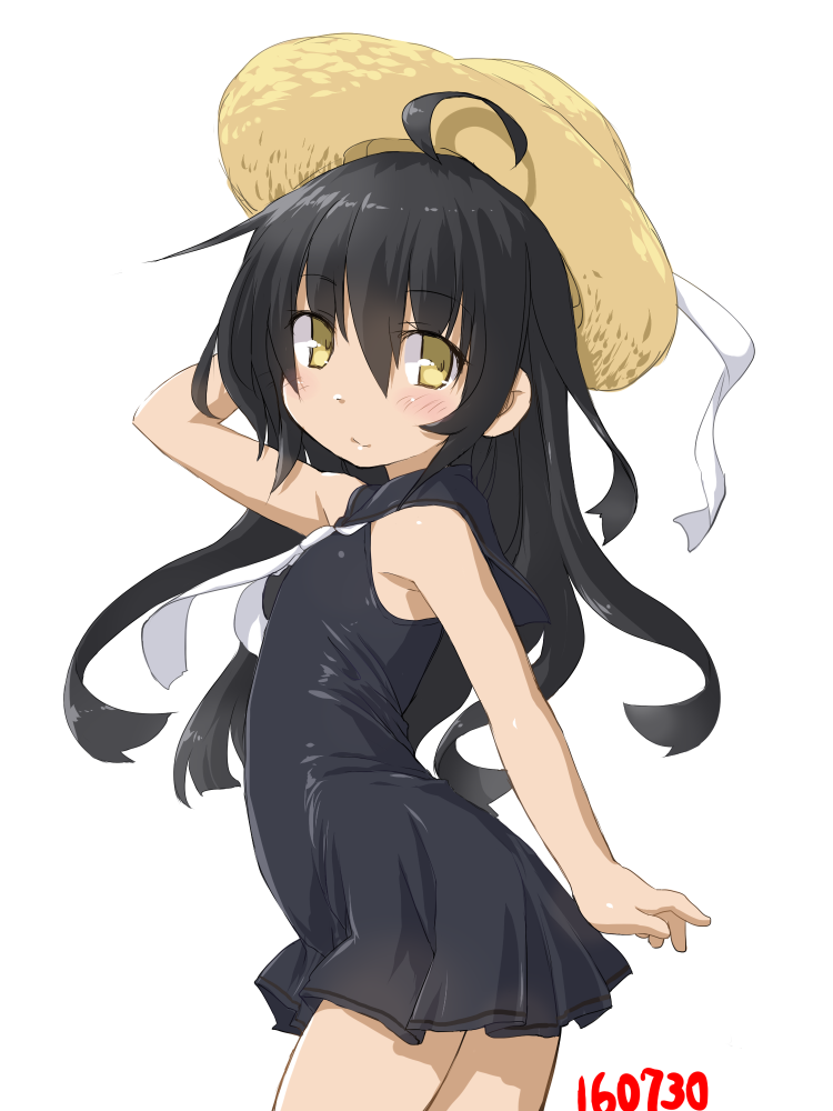 1girl adapted_costume ahoge arm_up bare_arms black_dress black_hair blush dd_(ijigendd) dress eyebrows eyebrows_visible_through_hair from_side hat hat_ribbon kantai_collection long_hair looking_to_the_side mikazuki_(kantai_collection) necktie numbered ribbon smile solo sun_hat sundress white_necktie white_ribbon yellow_eyes