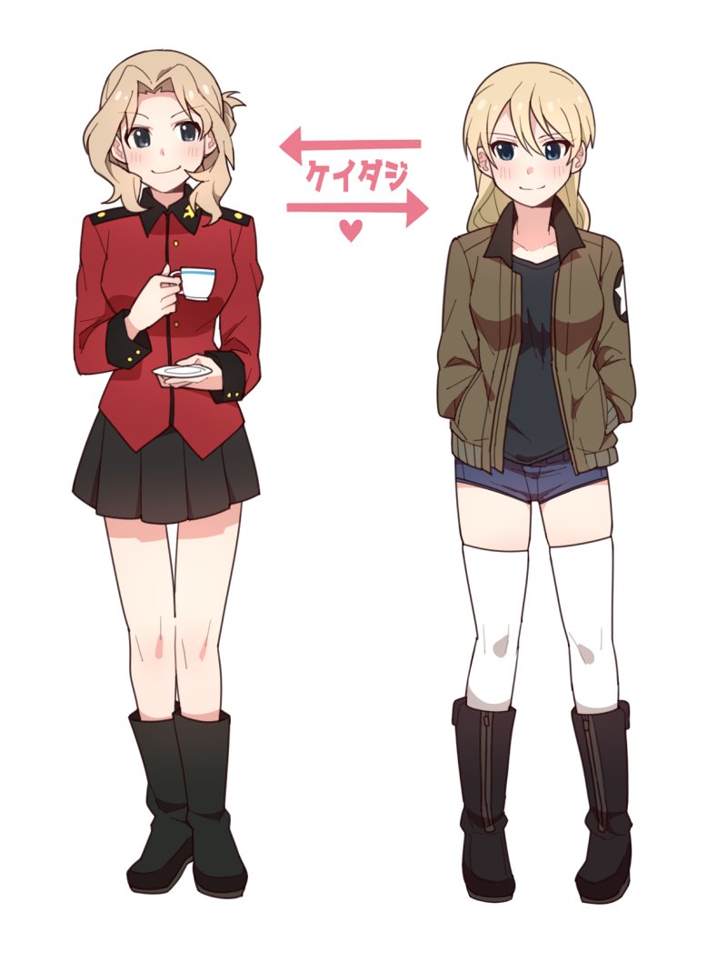 2girls bangs blonde_hair blue_eyes bomber_jacket breasts commentary cosplay costume_switch cup darjeeling denim denim_shorts epaulettes girls_und_panzer grey_eyes hair_down hair_up hands_in_pockets heart holding holding_cup ilhi jacket kay_(girls_und_panzer) looking_at_another military military_uniform multiple_girls open_clothes open_jacket parted_bangs pleated_skirt red_jacket saucer school_uniform shirt shorts skirt smile t-shirt teacup thigh-highs translated uniform white_background white_legwear zettai_ryouiki