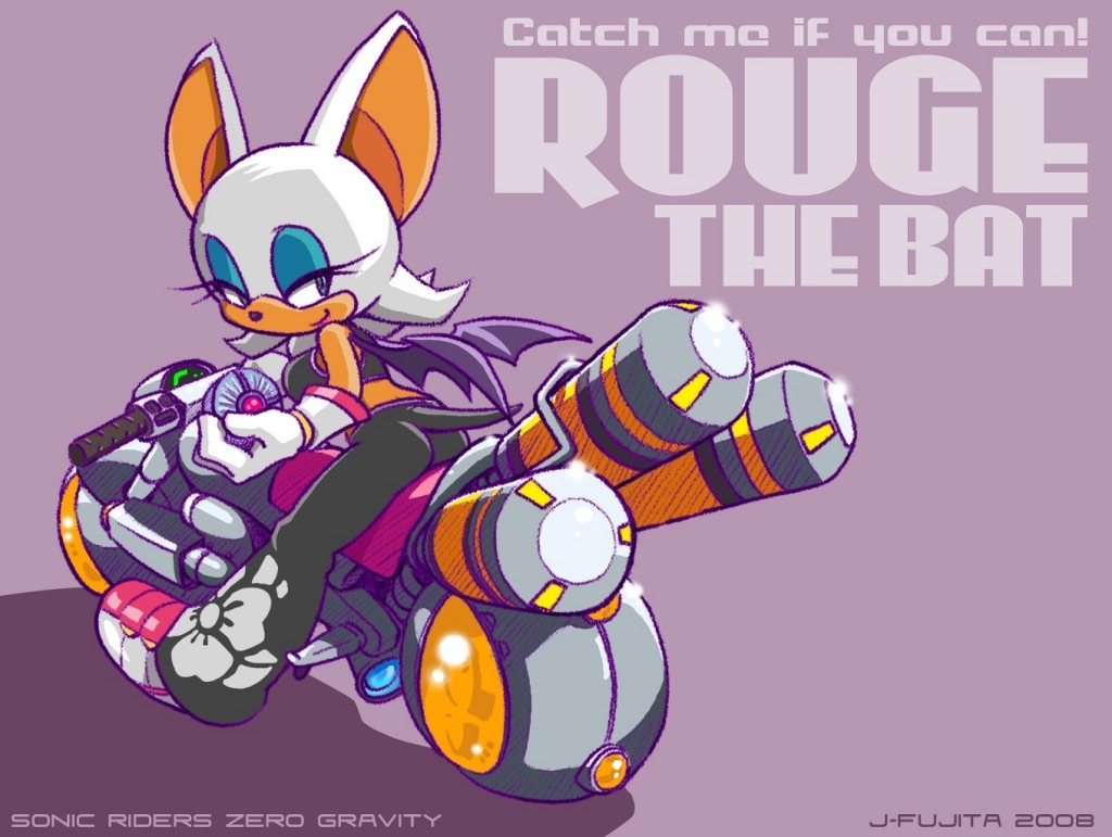 1girl 2008 artist_name bat_ears bat_girl bat_wings character_name copyright_name dated floral_print gloves ground_vehicle j-fujita looking_back motor_vehicle motorcycle purple_background rouge_the_bat sega smile solo sonic_riders sonic_the_hedgehog tail wings