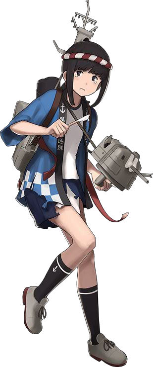 1girl anchor_print bangs blunt_bangs brown_eyes brown_hair checkered cotton_candy fubuki_(kantai_collection) hachimaki happi headband holding japanese_clothes kantai_collection nejiri_hachimaki official_art pleated_skirt rigging shibafu_(glock23) shirt skirt t-shirt tears torn_clothes torn_skirt transparent_background