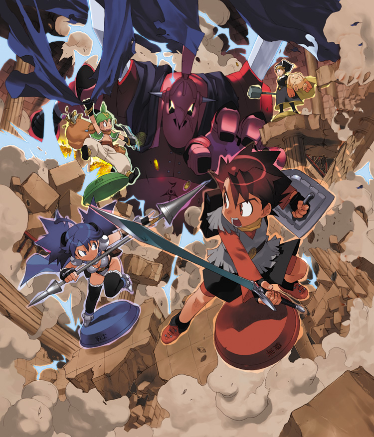 2girls 3boys armor aura bandana blue_eyes blue_hair brown_eyes capelet character_request copyright_request destruction full_armor furrowed_eyebrows giant lance long_hair mace multiple_boys multiple_girls open_mouth polearm redhead sack shield short_hair sword thigh-highs twintails weapon yoshizaki_mine