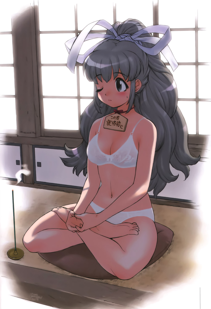 1girl barefoot bra hair_ribbon hands_together high_ponytail indian_style indoors long_hair meditation one_eye_closed panties ribbon silver_hair sitting solo underwear underwear_only white_panties yoshizaki_mine