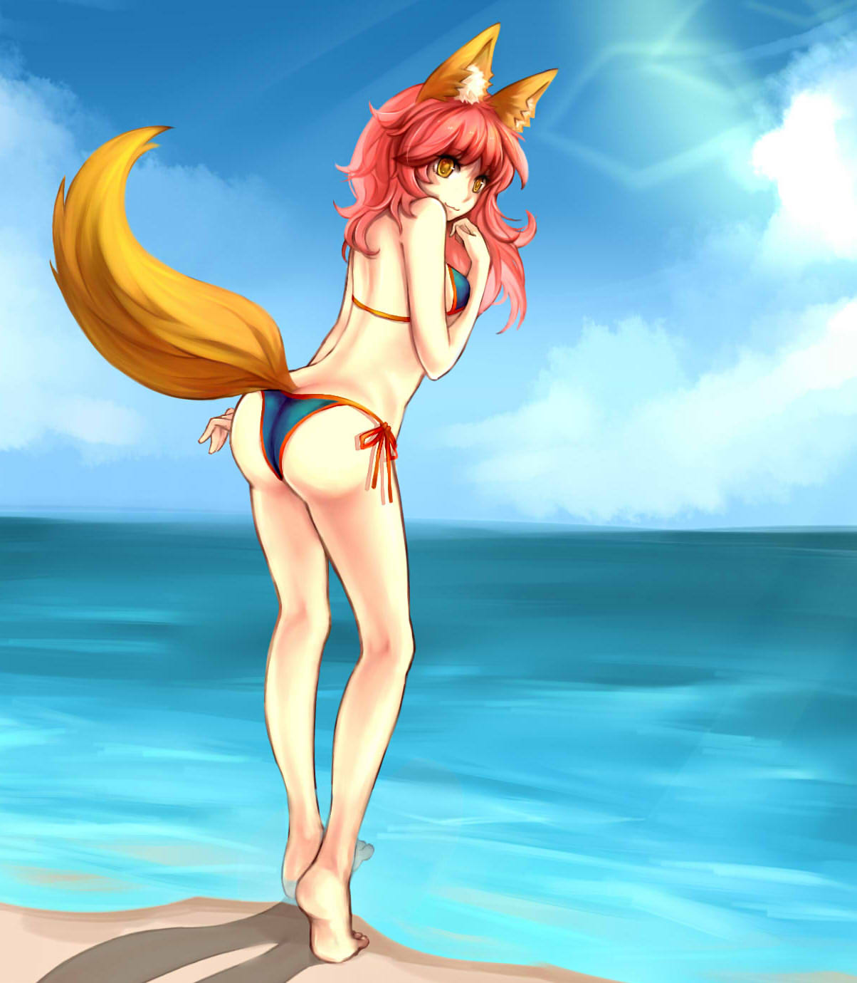 1girl :3 animal_ears ass bikini blue_bikini breasts caster_(fate/extra) fate/extra fate/grand_order fate_(series) fox_ears fox_tail full_body highres large_breasts looking_at_viewer ocean pink_hair solo swimsuit tail yellow_eyes