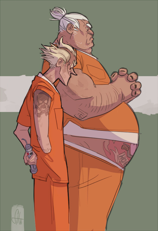 2boys amputee arm_tattoo black_nails blonde_hair commentary cowboy_shot explosive fat fat_man fingernails from_side furrowed_eyebrows grenade hands_together junkrat_(overwatch) multiple_boys nail_polish overwatch pocket prison_clothes roadhog_(overwatch) short_hair signature skull_and_crossbones smile stomach_tattoo tattoo white_hair