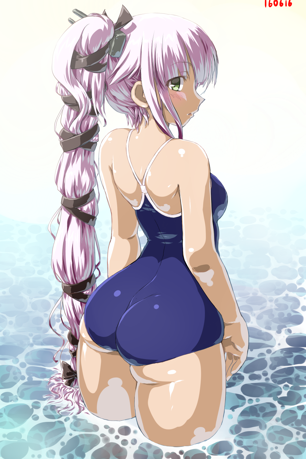 1girl ass bare_shoulders breasts dated dd_(ijigendd) green_eyes highres kantai_collection long_hair looking_at_viewer looking_back numbered parted_lips purple_hair solo swimsuit thighs wading yura_(kantai_collection)