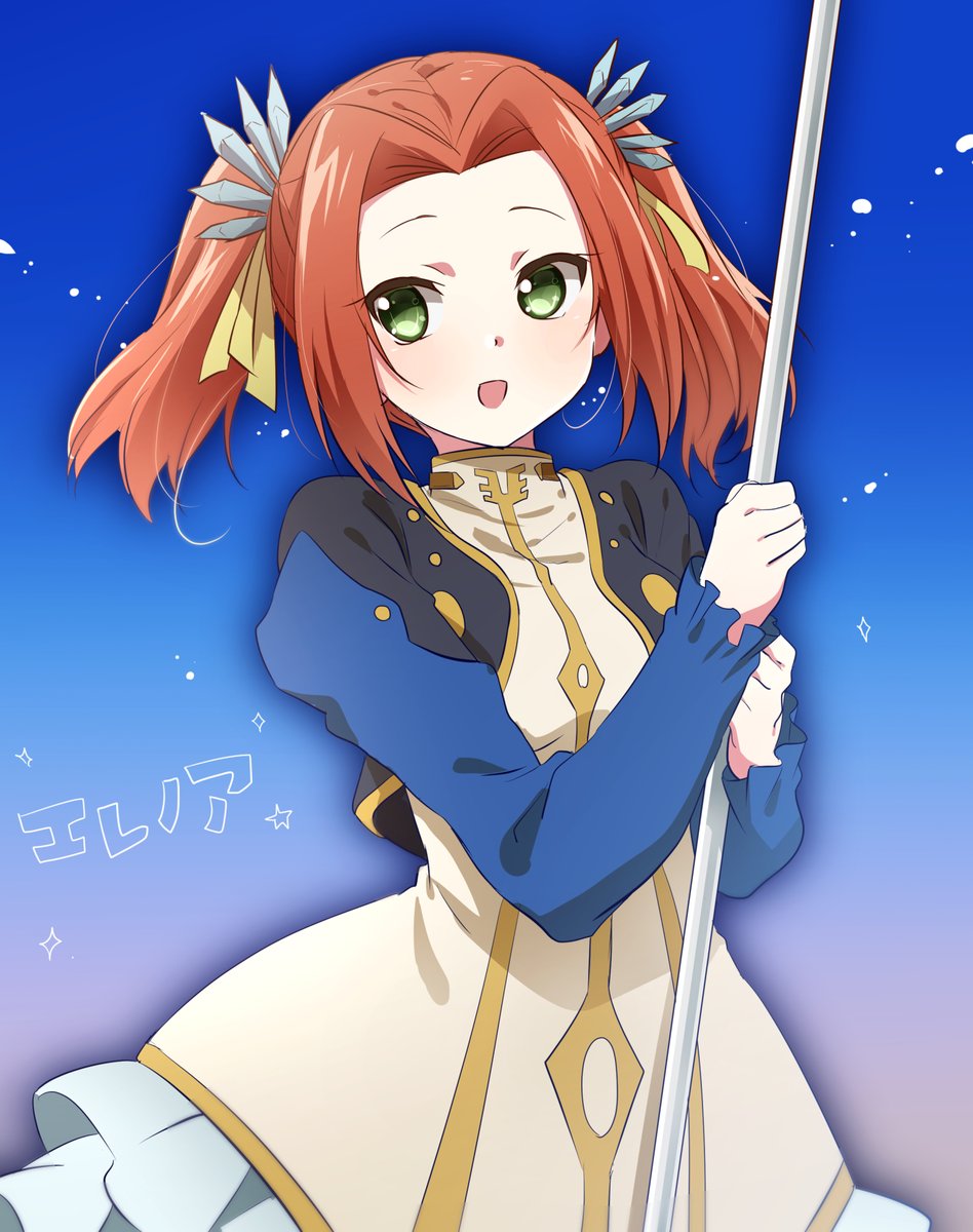 1girl dress eleanor_hume green_eyes highres open_mouth polearm redhead smile solo srssrm tales_of_(series) tales_of_berseria twintails weapon