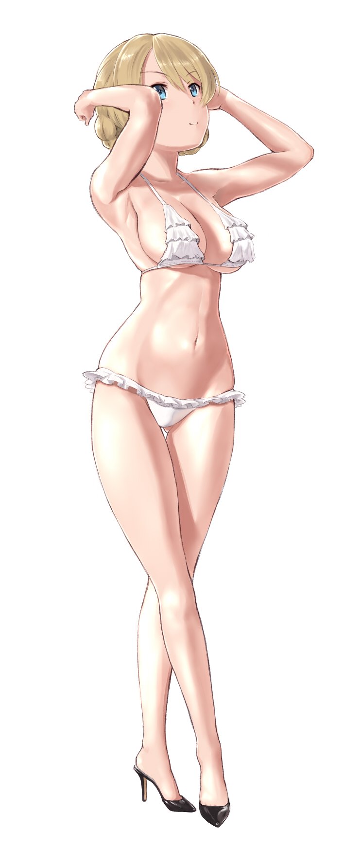 1girl armpits arms_up ass_visible_through_thighs bare_legs bikini blonde_hair blue_eyes breasts cleavage crossed_legs darjeeling frilled_bikini frills full_body girls_und_panzer hair_bun high_heels highres large_breasts looking_away looking_up navel short_hair simple_background skindentation smile solo standing swimsuit thigh_gap wa_(genryusui) white_background